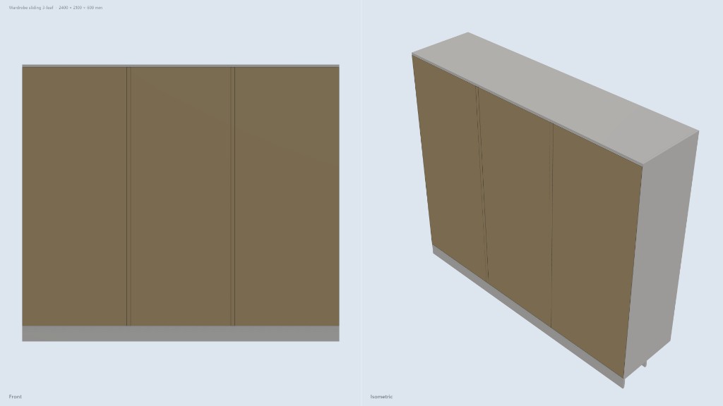 Front and isometric presentation of a wardrobe sliding 3-leaf, 2400 by 2100 by 600 mm.